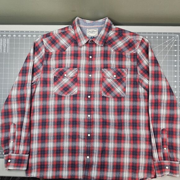 Flag And Anthem Shirt Mens XL Plaid Western Snap Work Outdoors Preppy Thick Red - Picture 1 of 14